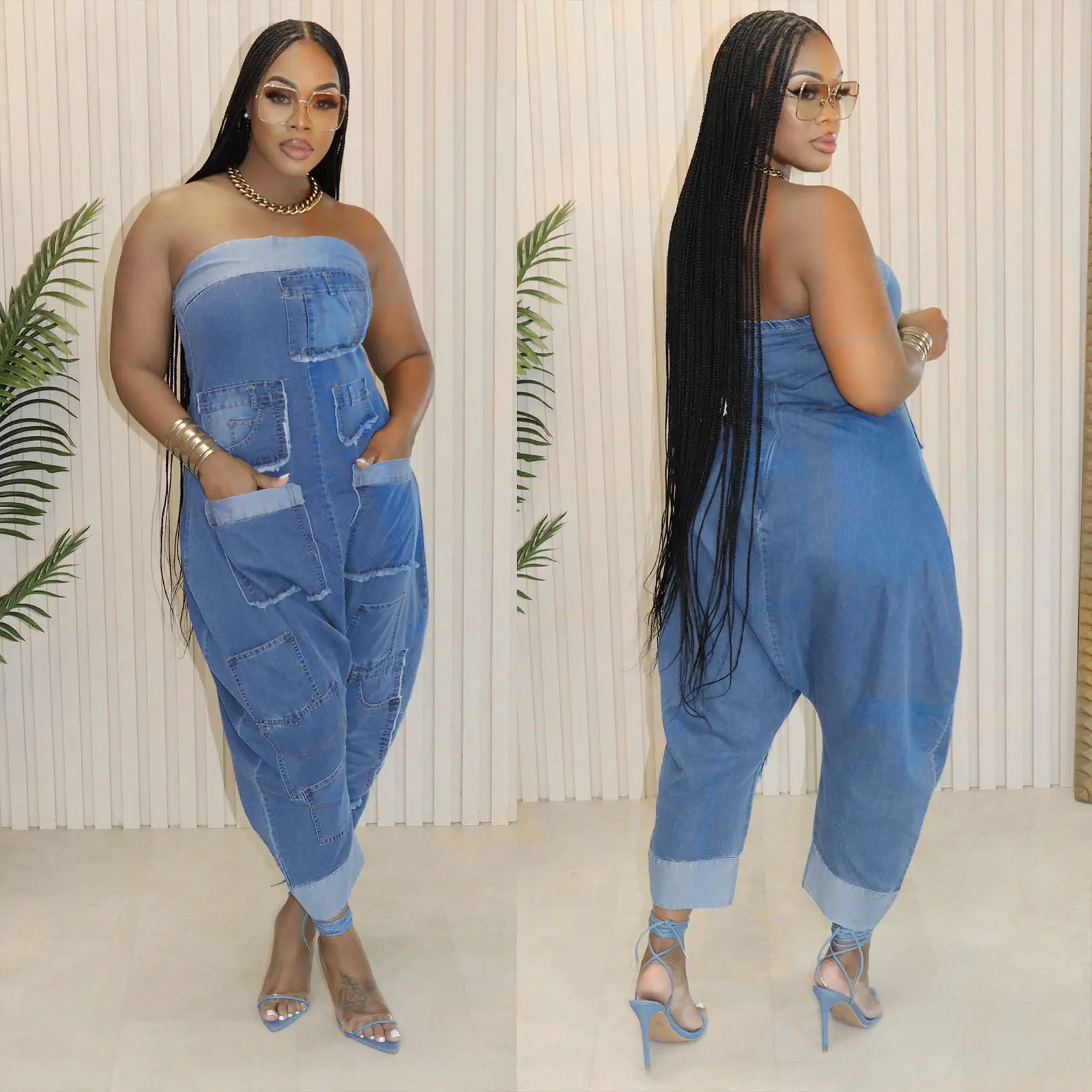 European and American denim workwear multi-pocket stitching washed loose sleeveless jumpsuit