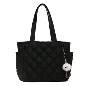 Women's Quilted Diamond Design Diaper Bag Tote - PU Material, Double-Handle Shoulder Style, Lightweight Portable, Animal Pendant Decor, Large Capacity, Suitable for Outdoor Summer Travel, Teen School Use
