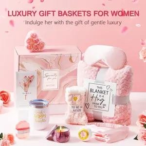 Women's Birthday Gift Basket, Relaxing Gift Box, Rose Soothing Spa Set, Flannel Blanket Care Package, Unique Mother's Day Present for Mom Wife Girlfriend Sister, Birthday Gifts Set