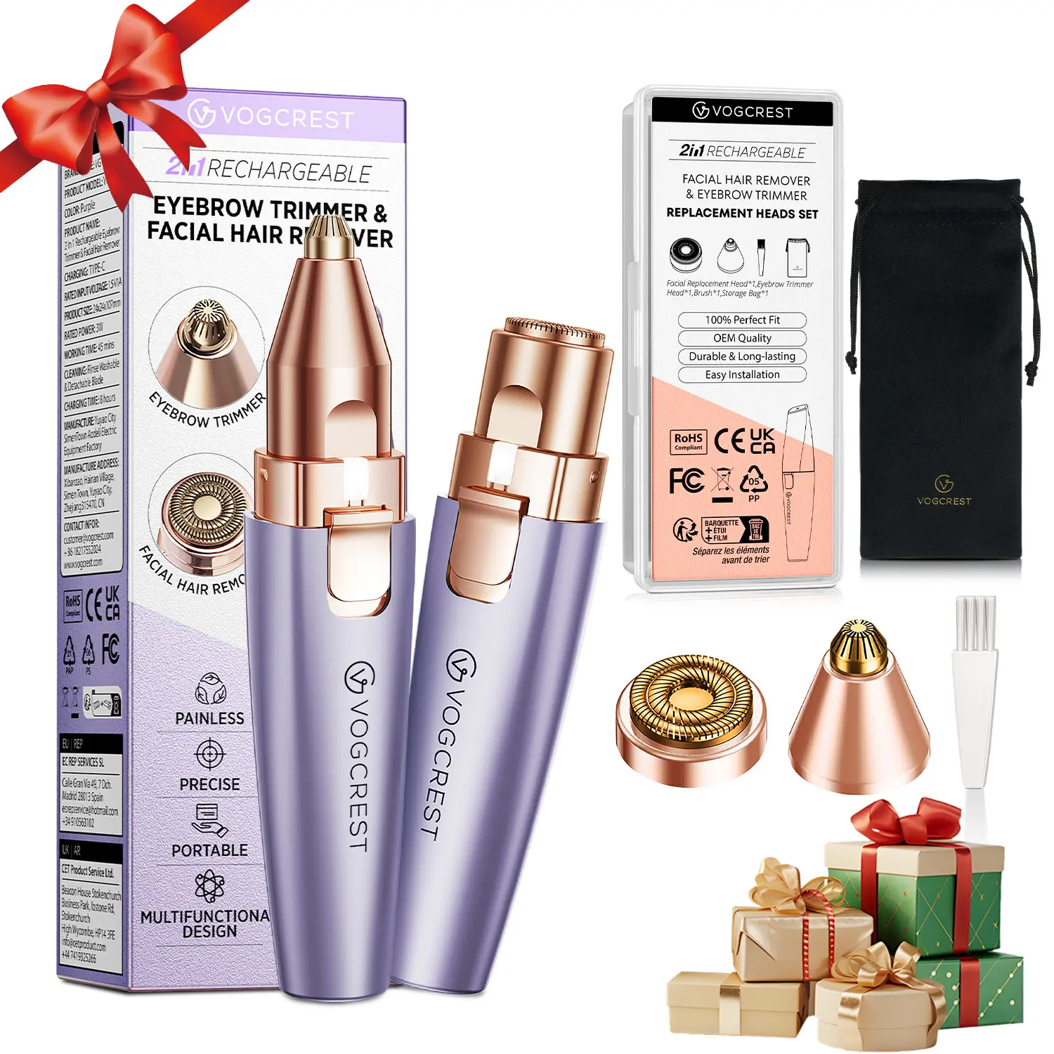 VG VOGCREST 2in1 Rechargeable Eyebrow Trimmer & Facial Hair Remover with LED Light - Painless Precision Shaver for Face, Lips, and Body - Comfort