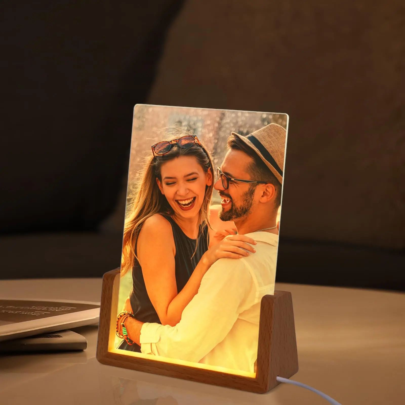 PYD Life 8 Pack Sublimation Night Lights Blanks LED Glass Photo Frames Panels White with Warm Light & Wood Stand for Heat Press Machine Printing