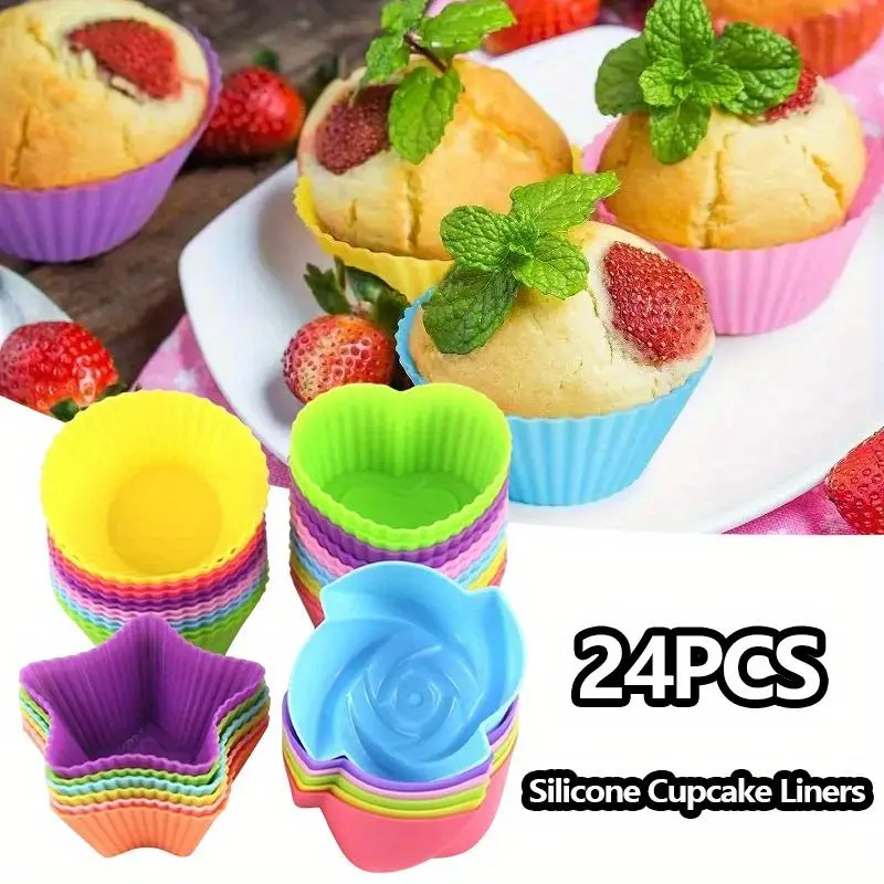 24-Pack Standard Size Reusable Silicone Cupcake Liners - Vibrant, Flexible, Odor Resistant Nonstick Easy-Clean Baking Bakeware for Kids with 4 Shapes (Round, Stars, Heart, Flowers) Kitchen Muffin & Pastry Molds