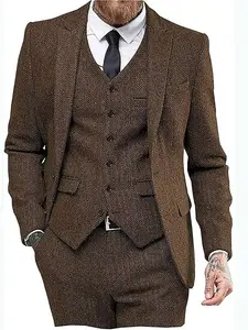 Mens Herringbone Tweed Suit 3 Piece Suit Two Buttons Wool Suits 1920's Themed Wedding Suit Prom Tuxedos Blazer Dress Formal Business Party Jacket Vest Waistcoat For Groom