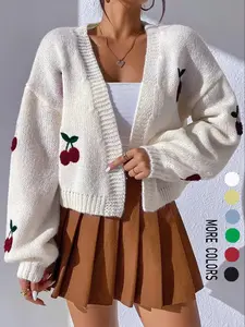 【Plus Size】 Cherry Embroidery Drop Shoulder Open Front Cardigan, Casual Long Sleeve V Neck Knitwear for Spring & Fall, Women's Plus Clothing for Daily Wear