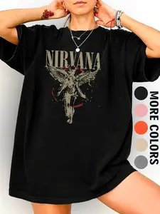 Nirvana Angel Series Women's Oversized Round Neck cotton T-Shirt, Vintage Band Print Short Sleeve Top, Spring Summer Everyday Casual Wear Style, Womenswear Streetwear