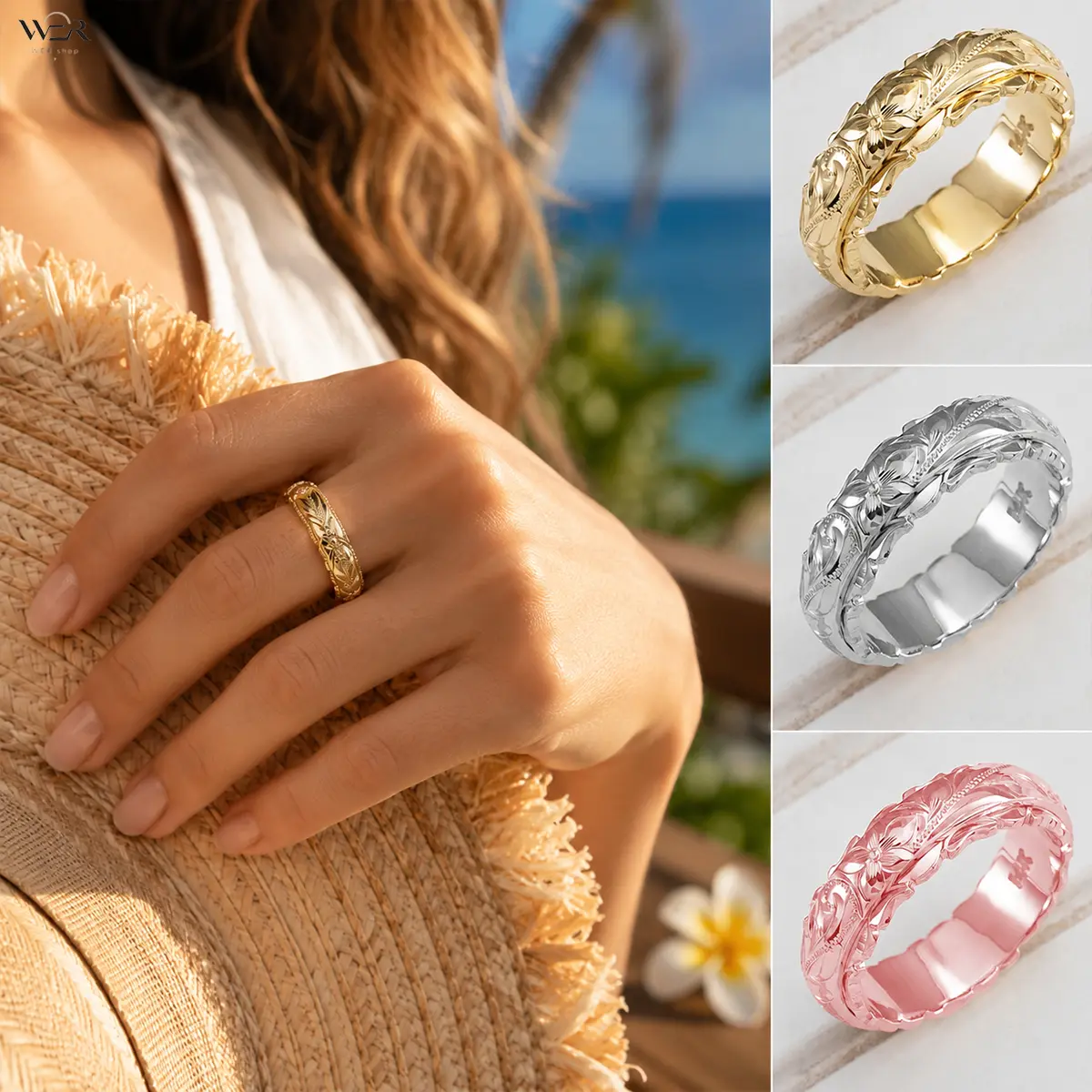 Hawaiian Floral Leaf Ring for Women, Engraved Gold-Tone Statement Band with Leafy Motifs, Romantic Casual Jewelry in Silver & Rose Gold Tones, Rings For Women, Gold Rings
