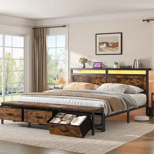 Raybee Full Queen Size Bed Frame with Storage Bench &3 Drawers & Shelf, Platform LED Bed Frame with Power Outllet on Headboard, Modern Industrial Bedframe with Metal Frame & Slat, Holds 1000lbs for Bedroom, Apartment, Teens, Black, Brown