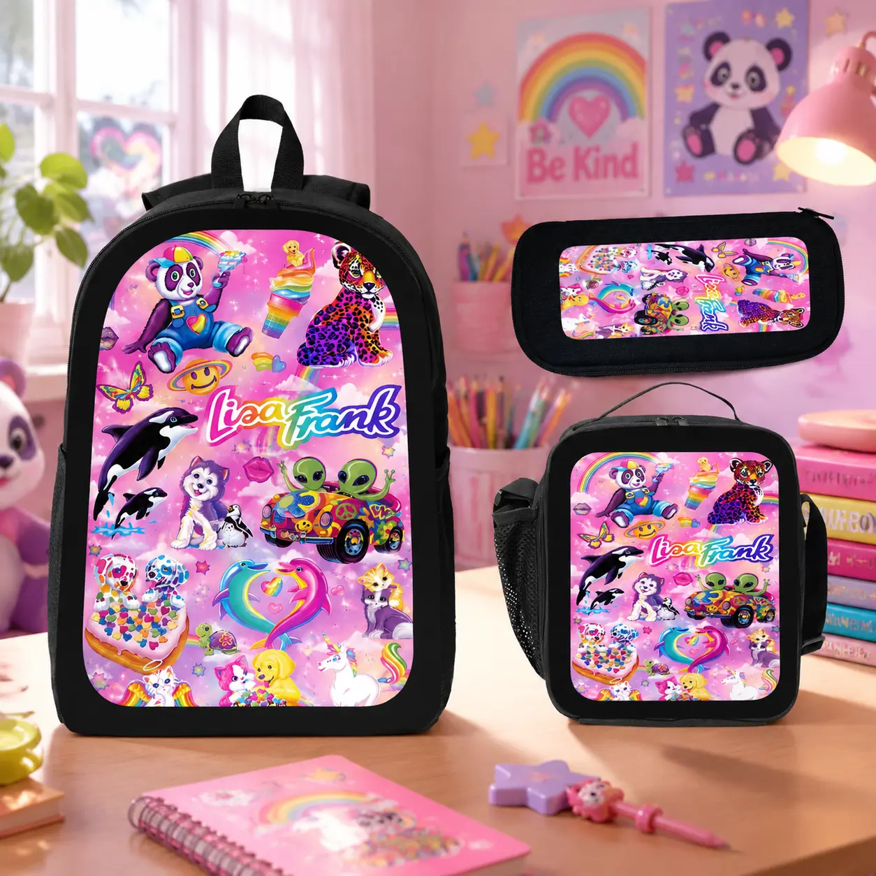 Lisa Frank Cartoon Cute Animals Pink Backpack Set 3PCS School Backpack Lunch Bag Pencil Case Colorful Anime Style Bookbag Lightweight Daypack for Teens Students Backpacks for School Women Men Travel Casual Backpack Set Gift Idea