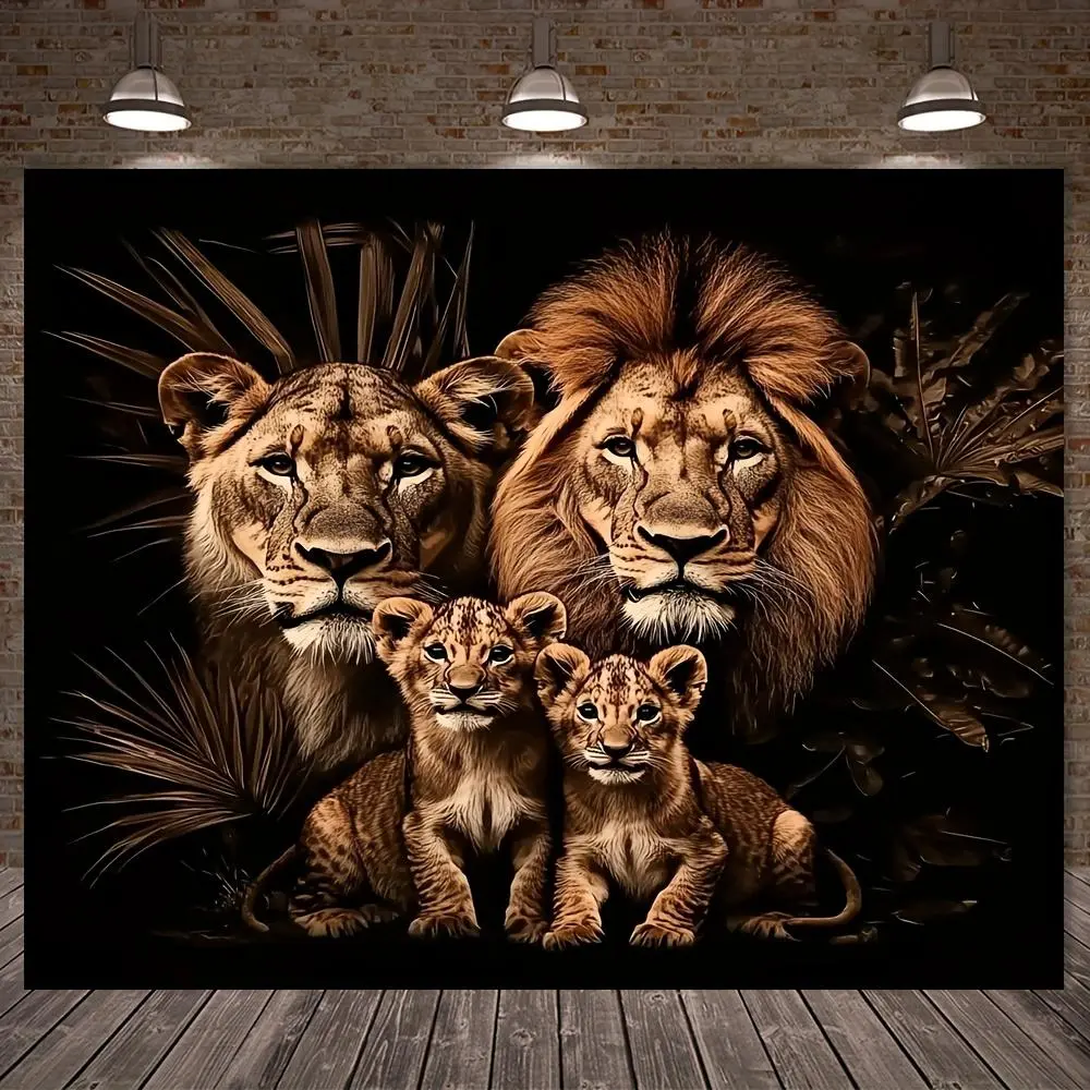 1pc Rustic 2D Flat Lion Family Portrait Canvas Wall Art - Durable Polyester, Feather-Free, No Power Needed, Realistic Animal Theme with Dark Background - Wall Art Decoration for Home, Party Supplies, Print