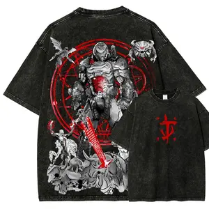 Menswear Round-Neck Distressed Short-Sleeve T-Shirt - Unisex DOOM Anime Lover Vintage Washed Figure-Flattering Plus-Size Retro Streetwear Festive Top,summervibes