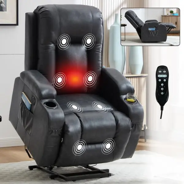 Large PU Leather Power Lift Recliner Chairs with Massage and Heat for Elderly Big People, Heavy Duty Lay Flat Sleeper Recliner with USB Charging Port, Cup Holders, 350 lbs Capacity (Gray)