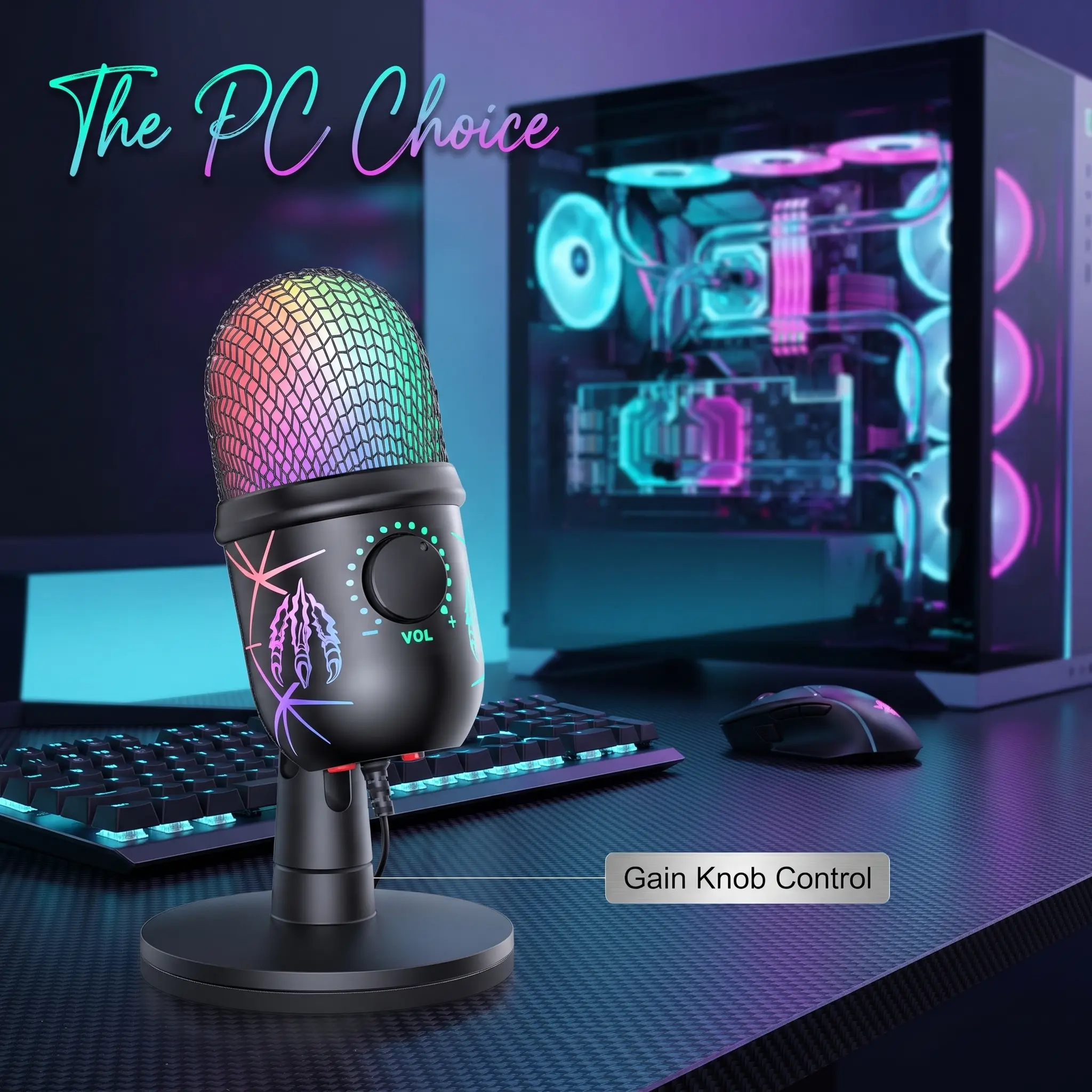 RGB USB Plug-In Gaming Microphone - Cardioid Noise Cancelling PC Accessory with 1-Click Mute, Gain Knob, Headphone Jack for PC & Laptop Streaming, Podcasting