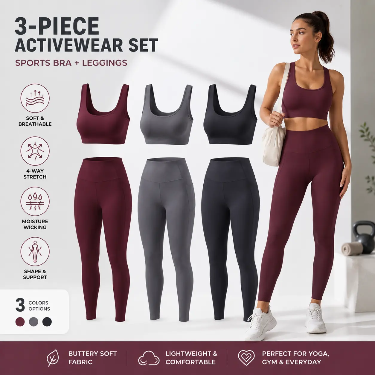 Women's 3-Pack Gym Workout Sets, Squat-Proof High-Waisted Booty Contour Leggings with Pockets & Sports Tops, Gym Workout Sets Pack, Women's Workout Sets