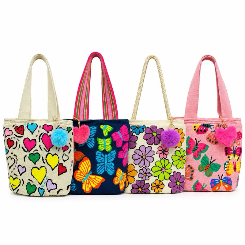 Colorful Tapestry Tote Bag with Pom Pom Charm – Butterfly, Floral & Heart Designs – Textured Statement Shoulder Bag