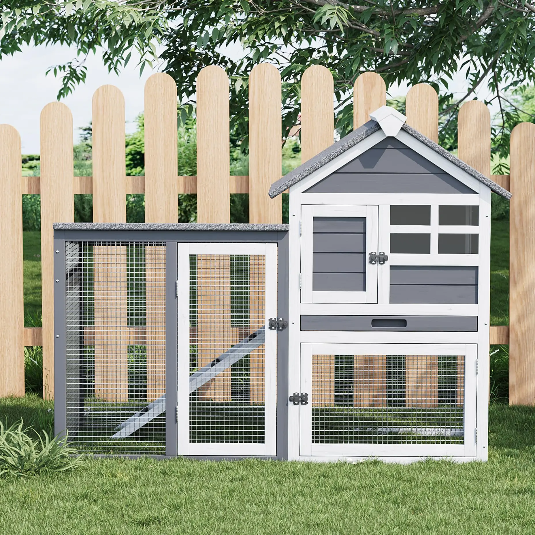 2-Story Rabbit Hutch, Small Wooden Chicken Coop, with Waterproof Roof, Pull Out Tray and Anti-Slip Ramp, Bunny Cage for Indoor Outdoor (45.28" L x 20.08" W x 36.61" H)