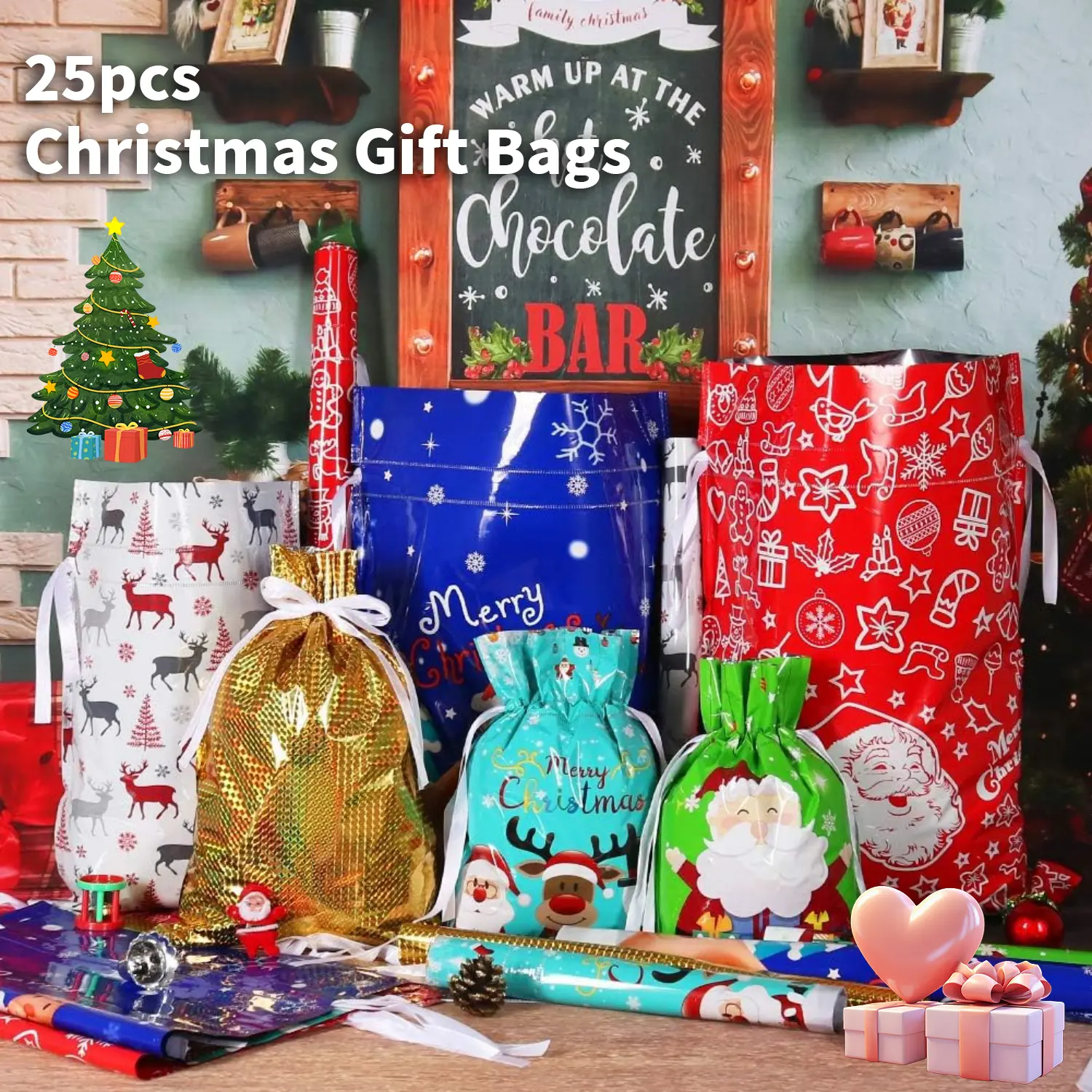 25pcs Christmas Gift Bags with Tags, Christmas Drawstring Gift Bags, Reusable Wrapping Bags, Large & Medium Goody Bags, Bulk Xmas Gift Bags, Holiday Party Favor Bags for Kids, Santa & Snowflake