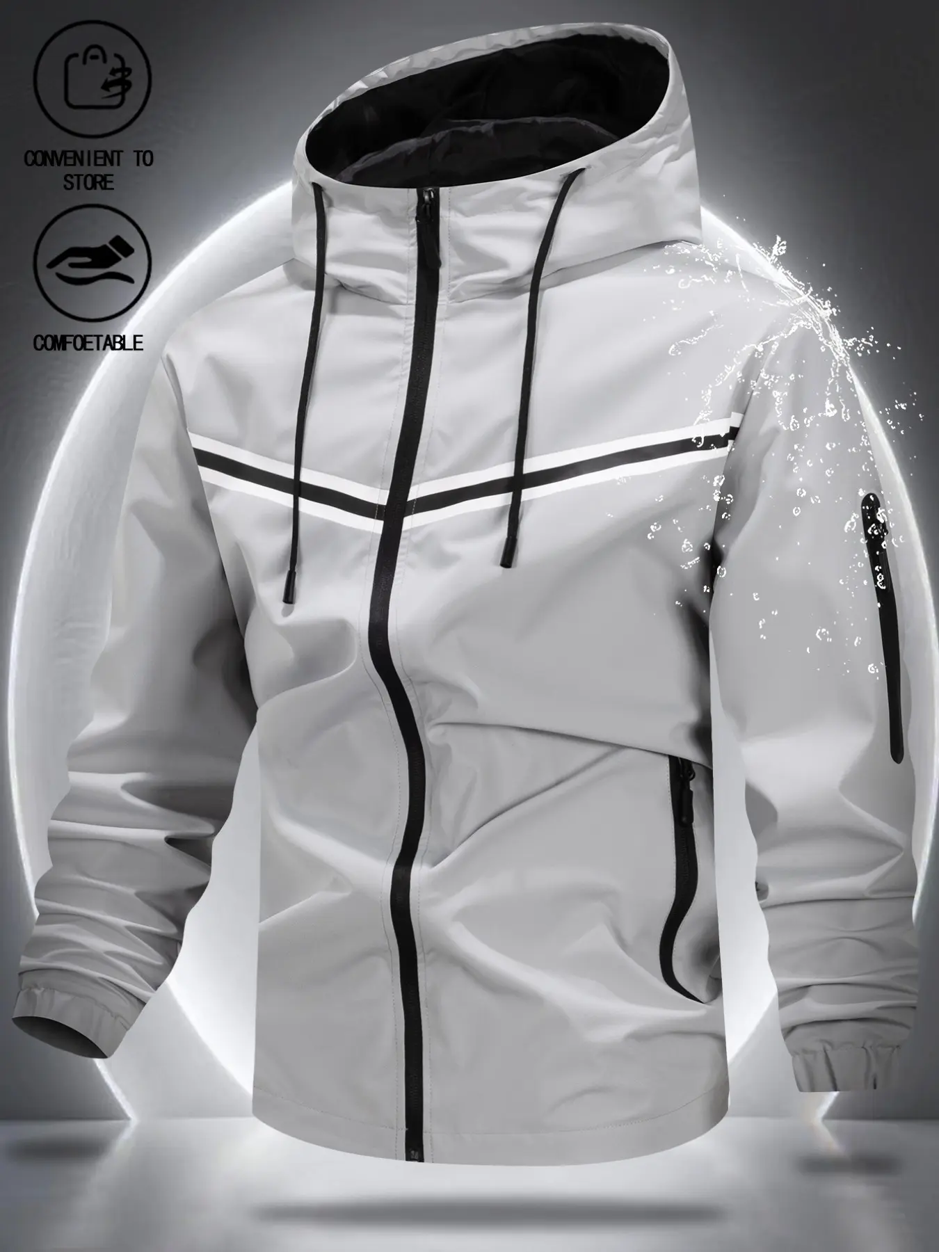 Men's Reflective Hooded Functional Jacket, All-Season Lightweight Portable, Drawstring Cap, Fitness Enthusiasts, Running Exercise, Night Hiking, Athletic Jackets, Hooded Sports Jacket