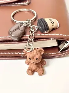 Cute Teddy Bear Coffee Keychain, Coffee Bean Charm with Metal Ring, Perfect Gift for Women & Coffee Lovers, Durable Back-To-School Accessory