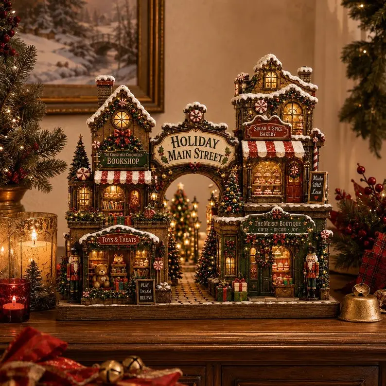 Wooden Christmas Village Block, Lighted Holiday Main Street Decor, Gingerbread Shop Display, Festive Mantel Centerpiece, Xmas Gift, Vintage Christmas Decor 2026