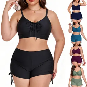 New large size split swimsuit   plus  size  swimsuits   women's solid color high waist slim bikini swimsuit beach