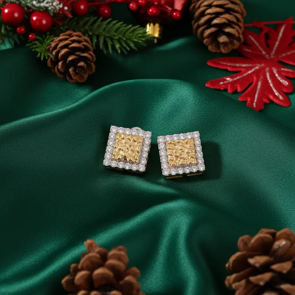 King of Bling's 1.00ct Moissanite Yellow 925 Sterling Silver Women's Square Shape Nugget Earring