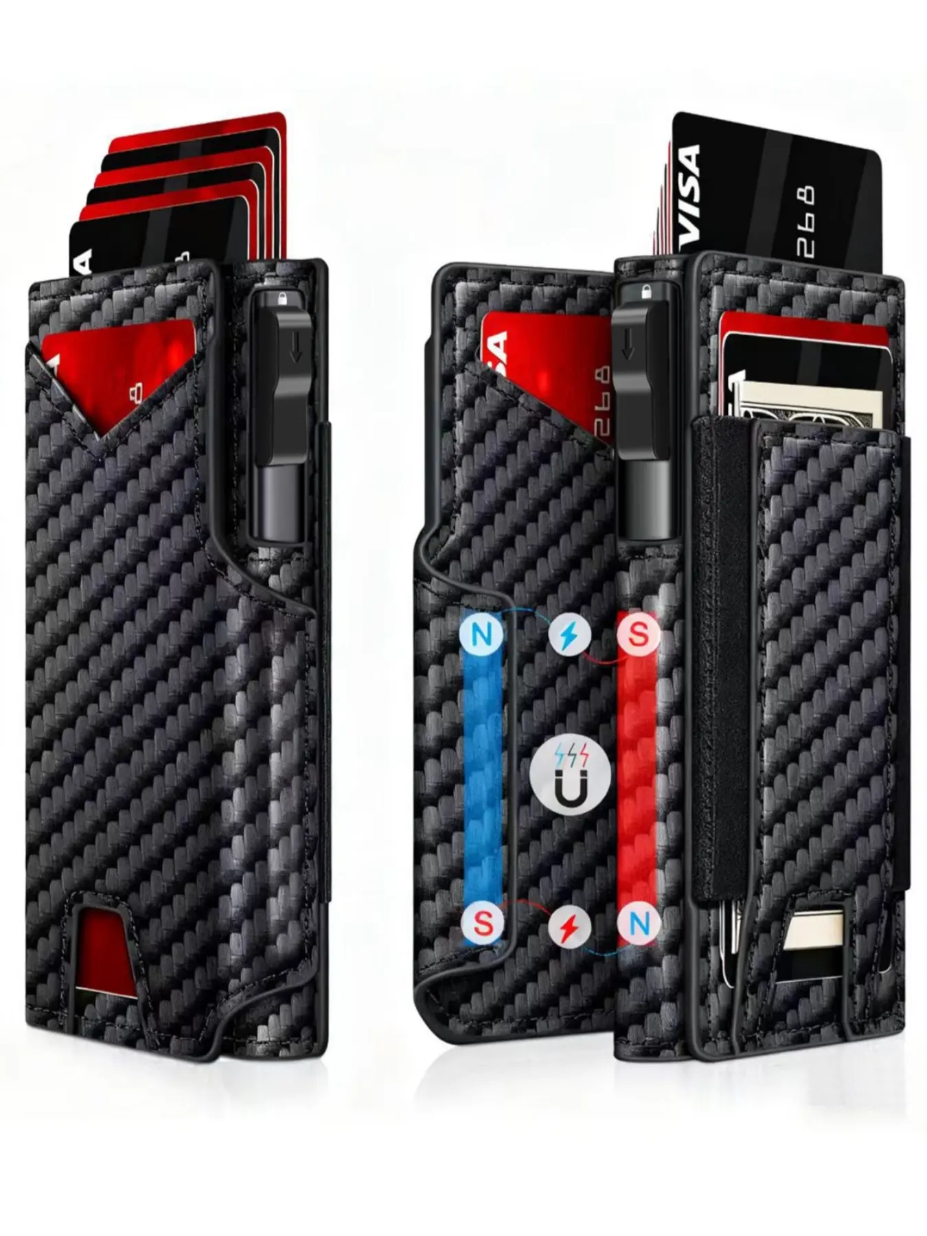 New Men's Black Leather Slim Fit Double Fold Magnetic Suction Opening RFID Bifold Shielded with POP-UP Metal Card Slot Slim and Minimalist design Smart POP-UP Anti Theft Wallet with Cash Buckle Magnetic Closure Wallet Minimalist Wallets