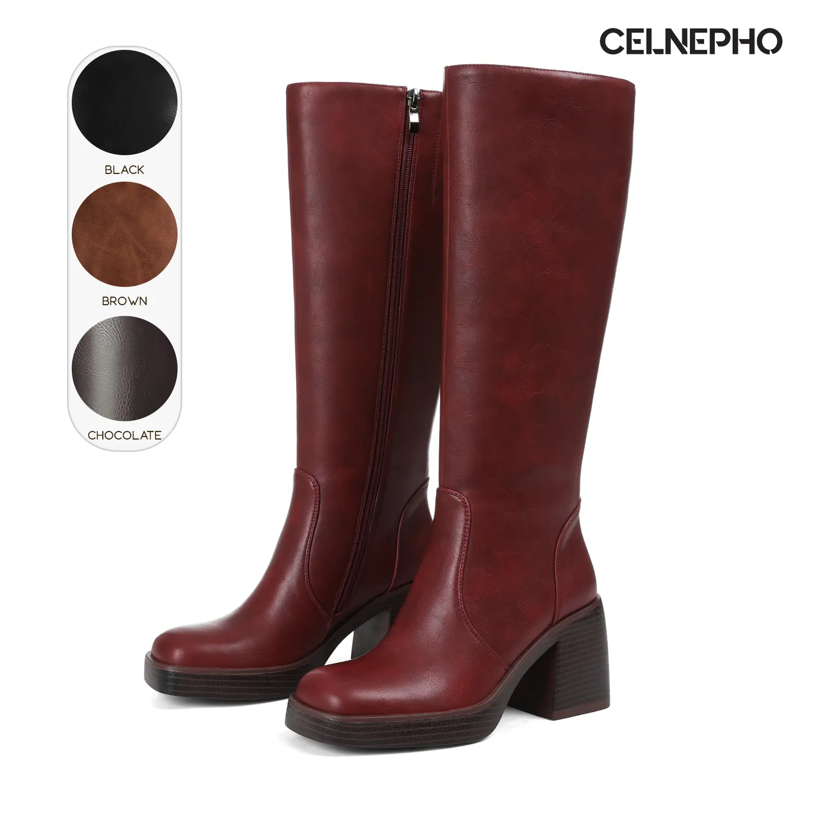 CELNEPHO Knee High Platform Boots for Women Square Toe Chunky Block Heel Side Zipper Closure Easy Pull on Comfy Warm Cozy Long Tall Boot Gift Work Date Work Casual Outdoor Concert Party Fall Fashion Trendy Dress Shoes