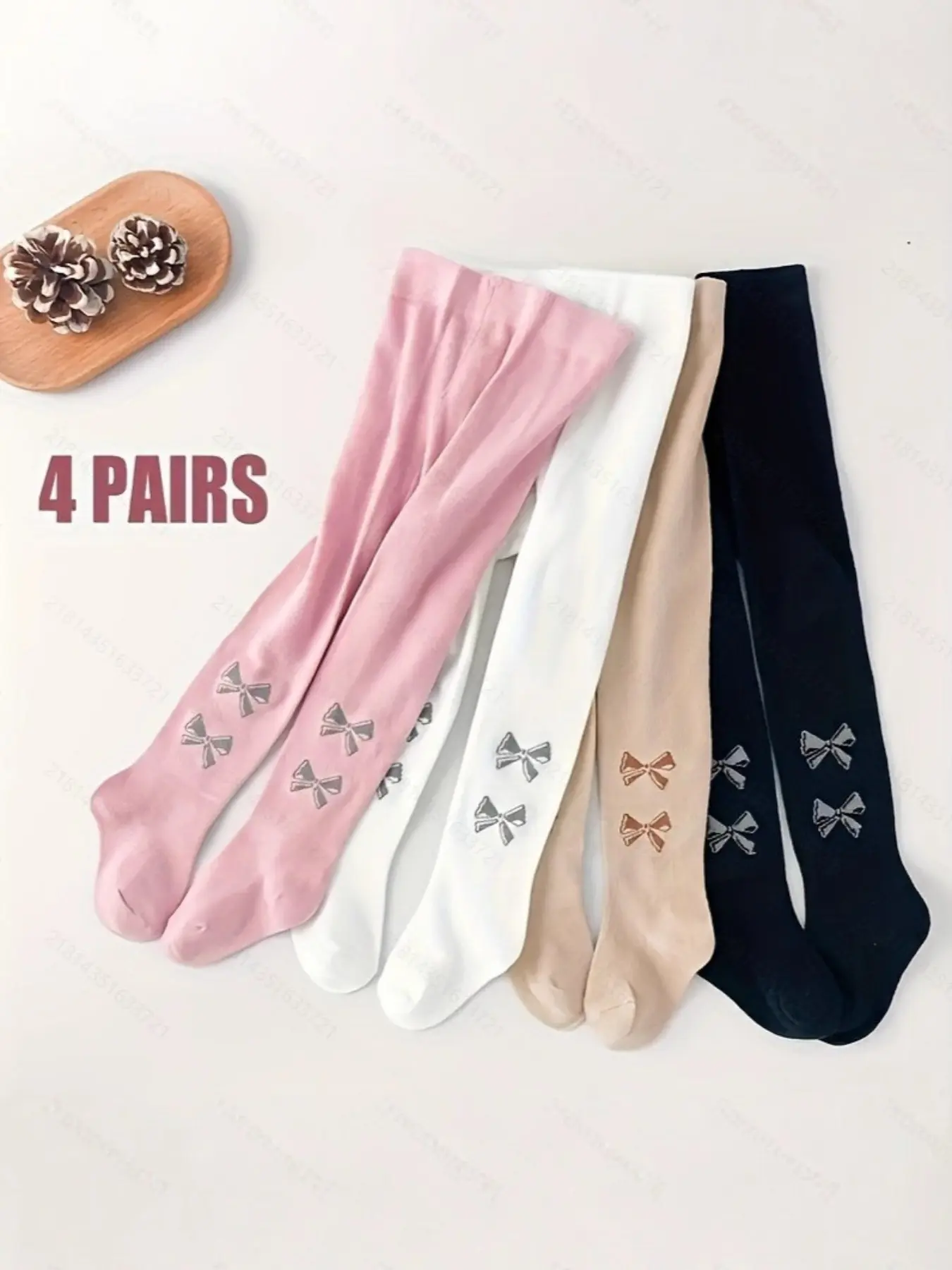 4 pairs of girls' bow-decorated pantyhose - Toddler tights, lovely and sweet style, soft and skin-friendly, which is an ideal choice for little girls' daily clothing collocation, stretchy tights