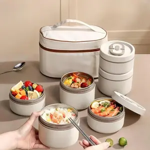 ONESHOWHOME 4-Layer Large Capacity Stainless Steel Lunch Box Set with Lid Cutlery & Bag Portable Reusable Bento Box for School Camping Beige Thermal Insulated Leakproof Container