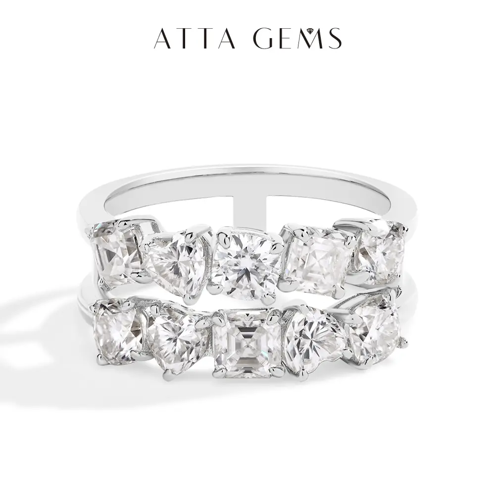 Women's Stackable Engagement Ring, Elegant Glittering Double-Row Synthetic Moissanite Wedding Band, D Color VVS1, Cushion/Octagon/Heart Cut, Elegant Glittering Ring, Sparkling Rings