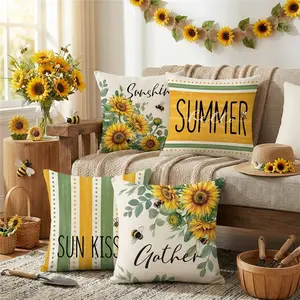 4 Piece Set Spring Summer Floral Design Sunflower Pillow Covers, Peach Velvet Letter Print Sofa Cushion Cover, No Core Bedroom Coordinated Decor Home Decor Bedroom Decorative Accessories