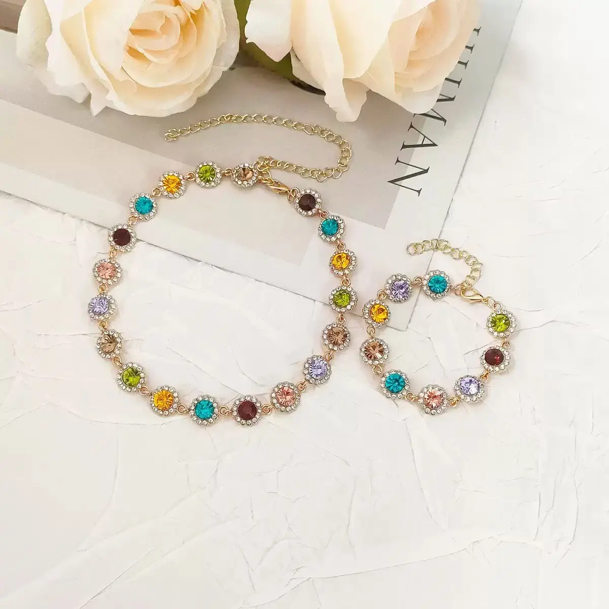 2Pcs Rainbow Rhinestone Jewelry Set for Women Colorful Crystal Choker Necklace Tennis Bracelet Y2K Fashion Party Accessories
