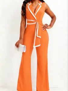 Women's Contrast Binding Belted Wrap Fitted Flare Leg Jumpsuit, Summer Clothes Women, Elegant Lapel Neck Jumpsuit for Summer, Ladies Clothes for Business Office