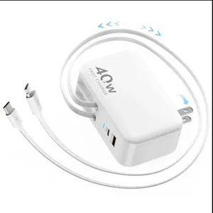 Four-in-One Retractable Wall Charger with Dual USB Ports and 90cm Lightning and Type-C Cables, 40W Fast Charging Foldable Plug Compatible with iPad, iPhone 16/15, AirPods, Galaxy, Pixel, and More