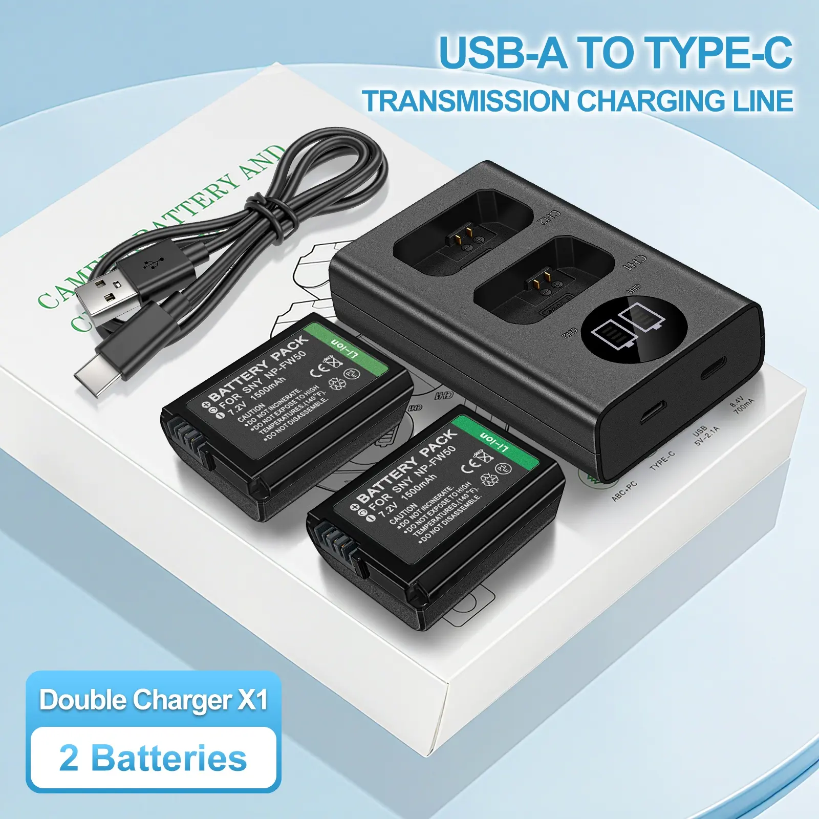 An NP-FW50 battery set that includes an FW50 charger and 2 NP-FW50 camera batteries, suitable for Sony a5000, a5100, a6000, a6100, a6300, a6400, a6500, a7, a7 II, a7R, a7R II, a7S, a7S II, DSC-RX10 , 10II, 10 III, 10 IV, ILCE-QX1, Automatic Charging