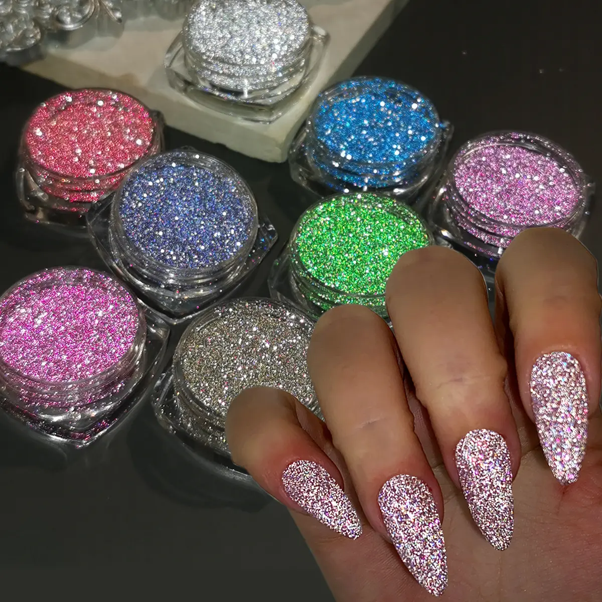 Fcozpjk Reflective Glitter Powder Set 8Colors Sparkle Diamond Nail Glitter Dust Silver Pink Purple Green Loose Glitter for Nails Shiny Sugar Nail Powder Dipping Pigment Nail Art Supplies