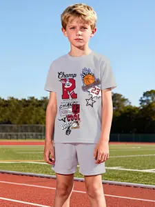 Boys' Summer Casual Cartoon Basketball Tee & Shorts Set, Lightweight Cotton Blend Comfort Fit, Perfect Gift for Boys