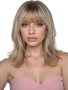 16 Inch Medium Straight Wig with Bangs, Deep Root Light Synthetic Hair, Natural Look, Easy Care, Suitable for All Ages, Natural Looking Wigs