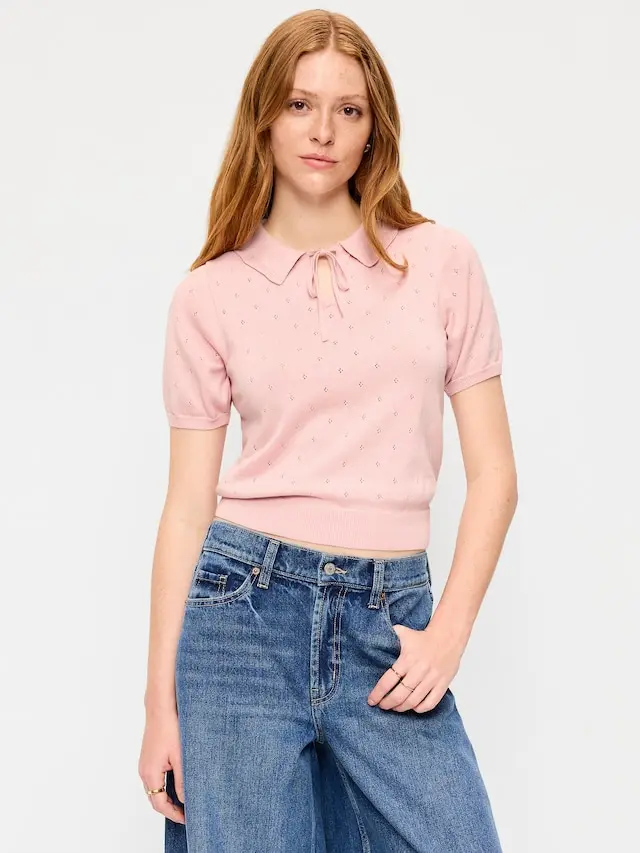 Old Navy Women's Tie-Front Seaside Cotton Pointelle Cropped Polo