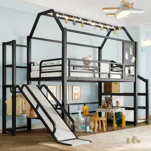 Twin House Loft bed with Slide and Stairs, Metal Playhouse Bed with Storage Shelves, House-shaped Roof and Noise-free Design, Black