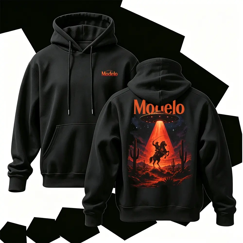 Alien UFO Abducting Cowboy Graphic Hoodie | Retro Desert Cactus Graphic Sweatshirt | Vintage Aesthetic Streetwear Hooded Top | Trendy Pullover Unisex