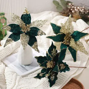 3 Pack Teal Green Poinsettia Picks with Gold Glitter, Artificial Christmas Flowers with Clips for Tree, Wreath & Holiday Party Home Decor
