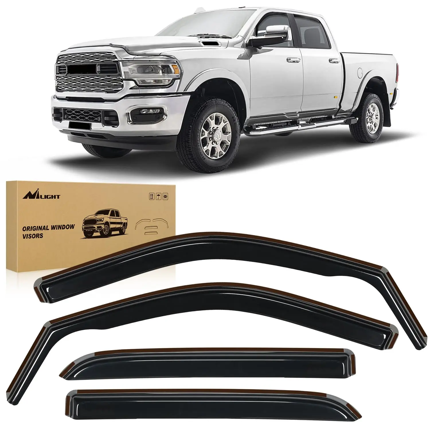 Nilight Custom Fit Side Window Rain Guards for Dodge Ram 2500 3500 Crew Cab 2019-2026, Acrylic Vent Visors with 78inch Double-Sided Tape, Smoke Tint, Reduce Wind Noise, Car Wash Safe, Tool-Free Installation, 4PCS + 1PCS Crowbar, Anti-Fog