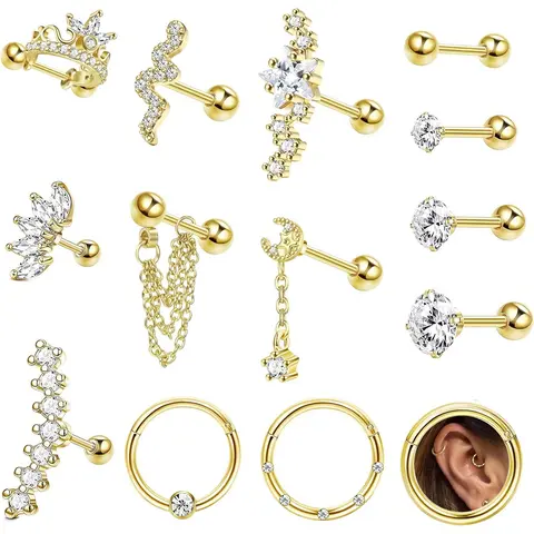 Jstyle Women's 14Pcs 16G Stainless Steel Round Stud Earrings Set - Hypoallergenic Lightweight Screw Back, Star-Moon-Snake Art 3D Snake Designs, Casual Earrings Set for Cartilage, Fashionable Jewelry Accessories