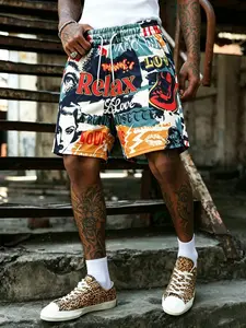 Men's Casual Streetwear Printed Shorts, Drawstring Waist, Vintage Portrait Patchwork, Soft Lightweight Fabric, Hip-Hop Style, Summer Daily Wear