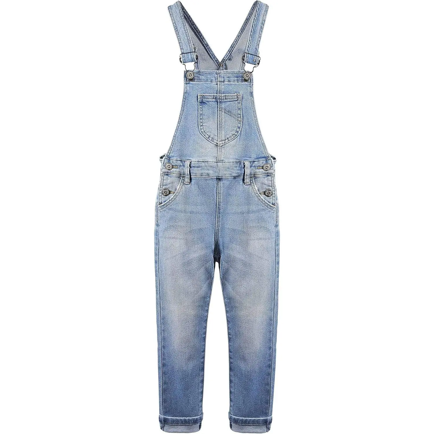 Kidscool Space Girls' Light Wash Cotton Denim Overalls - Stretchy, Slim-Flare, Basic Plain Casual Wear Jean Bib Pants for Kids