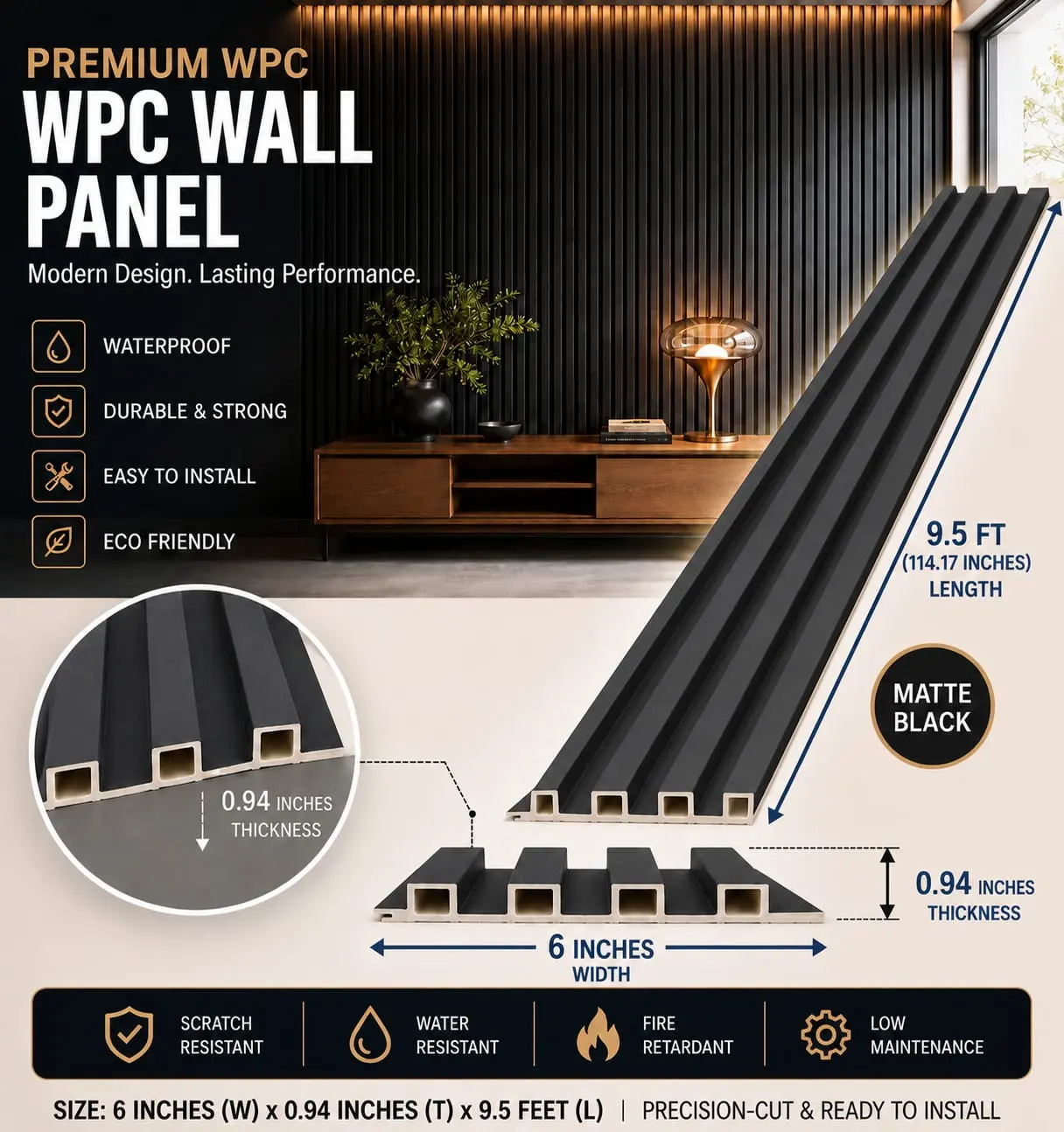 6 × 114.17 inches WPVC Wall Panel – Matte Black 6 × 114.17 inches WPVC Wall Panel – Matte Black