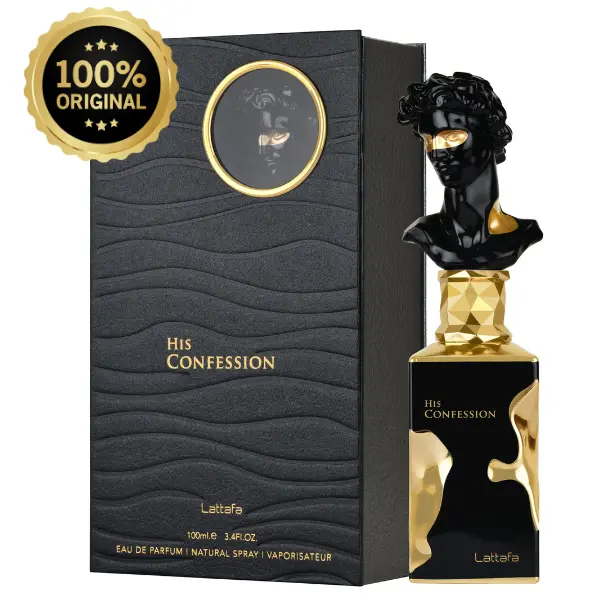 Lattafa His Confession Eau De Parfum for Men (Adults), 3.4 fl oz (3-3.9 fl oz/100ml) Alcohol-Based Aromatic Woody Fragrance, Vegan Formula with Amber, Cinnamon, Vanilla, Cedarwood, Lavender, Liquid Powdery Notes