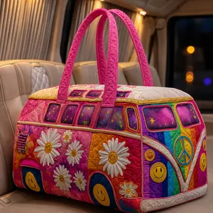 Retro Hippie Van Quilted Duffle Bag, Colorful Weekender Travel Tote, Cute Overnight Carry-On Gym Bag