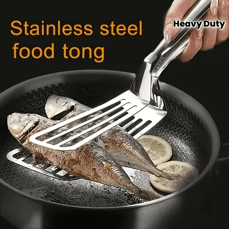1pc Heavy-Duty Commercial & Home Kitchen Use - Stainless Steel Construction, Non-Slip Grip - Dual-Sided Spatula & Clamp for Flipping, Turning, Gripping, Outdoor Cookware, Essential Equipment for Outdoor Camping And Dining